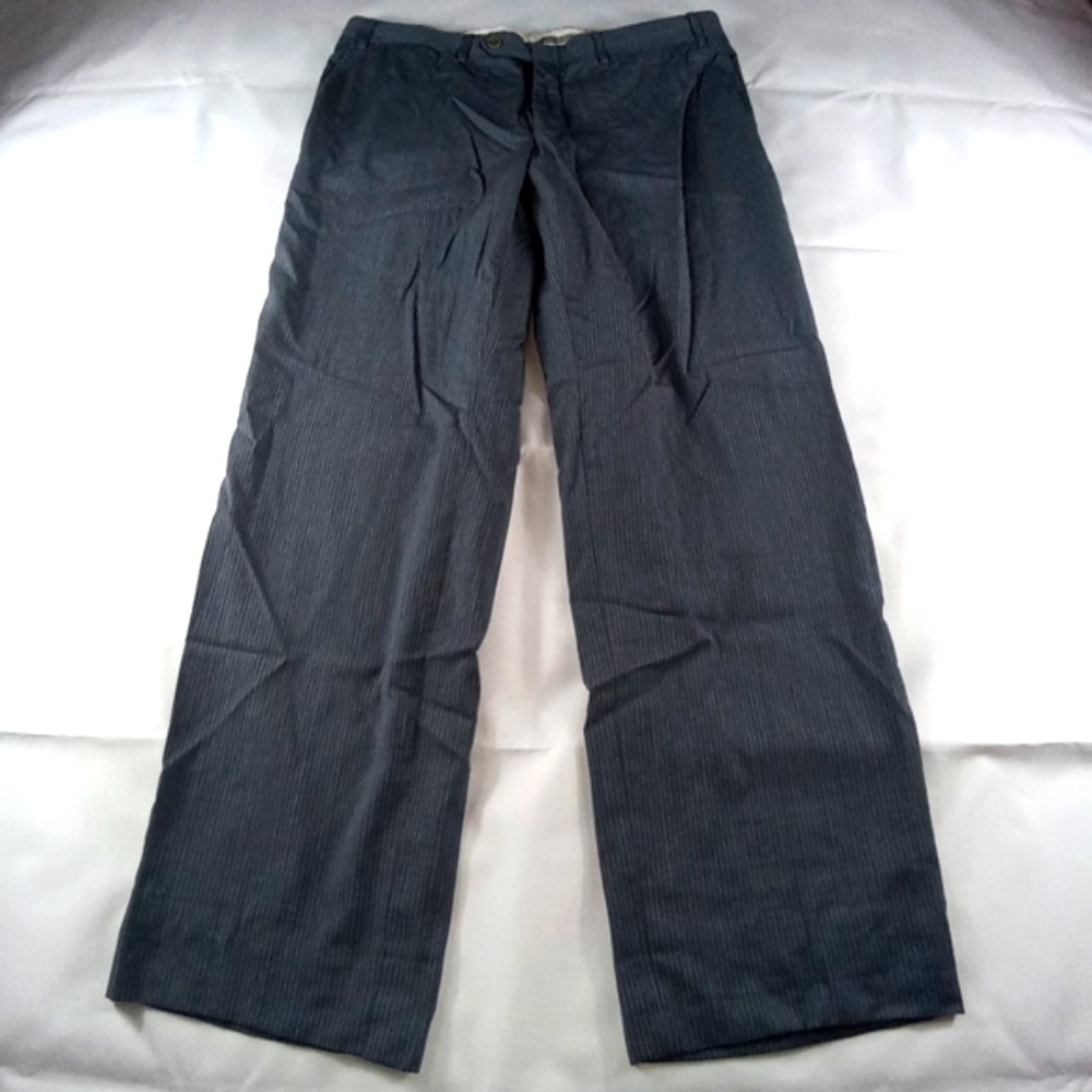 Canali wool wideleg dress pants blue thin stripe flat front mens